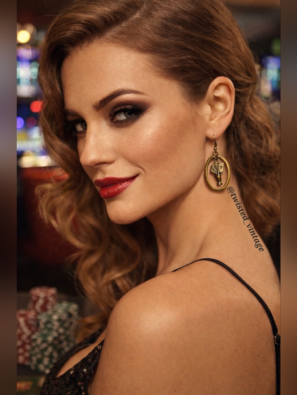 Handmade Poker Hand Oval Fram Statement Novelty Earrings, Las Vegas Casino Party
